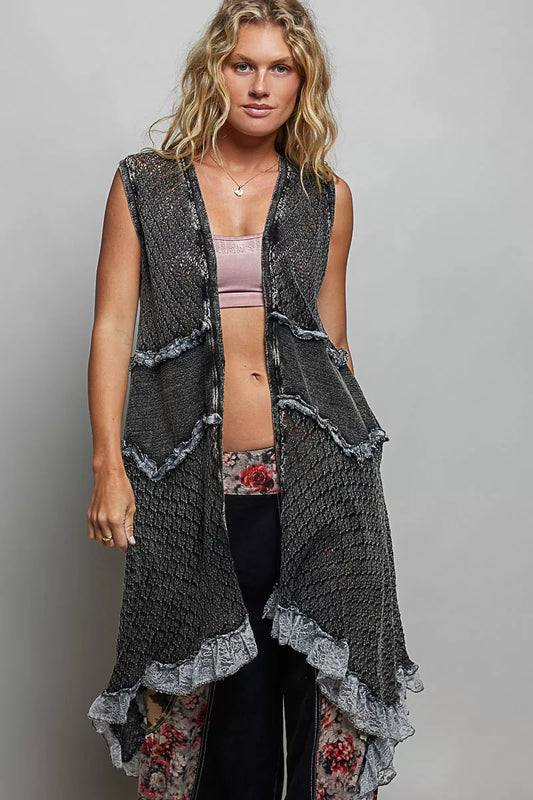 POL Vintage Wash Ruffled Crochet Vest Cardigan