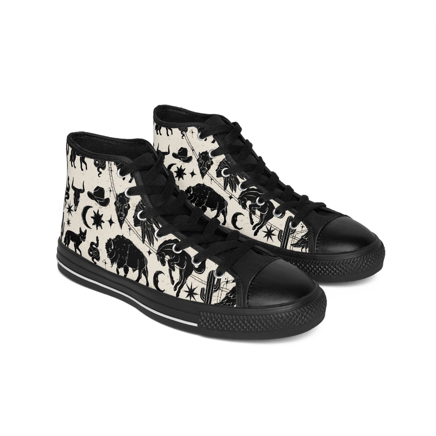 Desert Night Bohemian High-Top Sneakers, Vintage Style Footwear, Black and White Patterned Shoes, Ideal for Festivals, Casual Outings