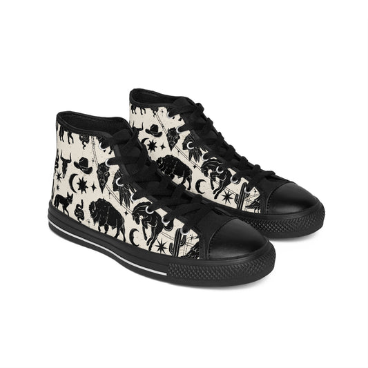Desert Night Bohemian High-Top Sneakers, Vintage Style Footwear, Black and White Patterned Shoes, Ideal for Festivals, Casual Outings