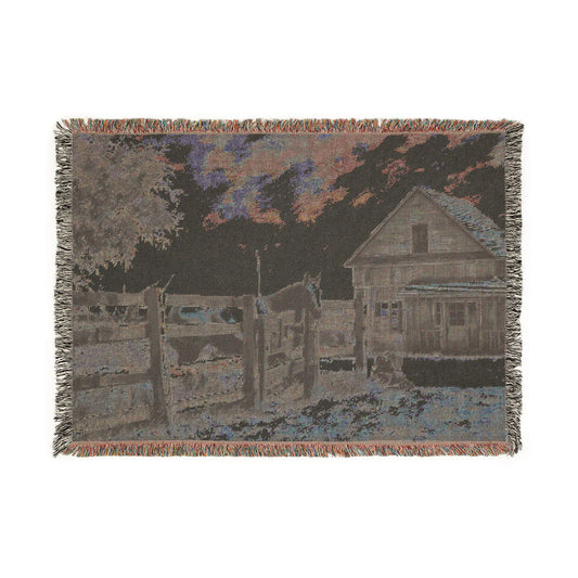 Rustic Farmhouse Woven Throw Blanket — Country House & Barn Scenic Tapestry