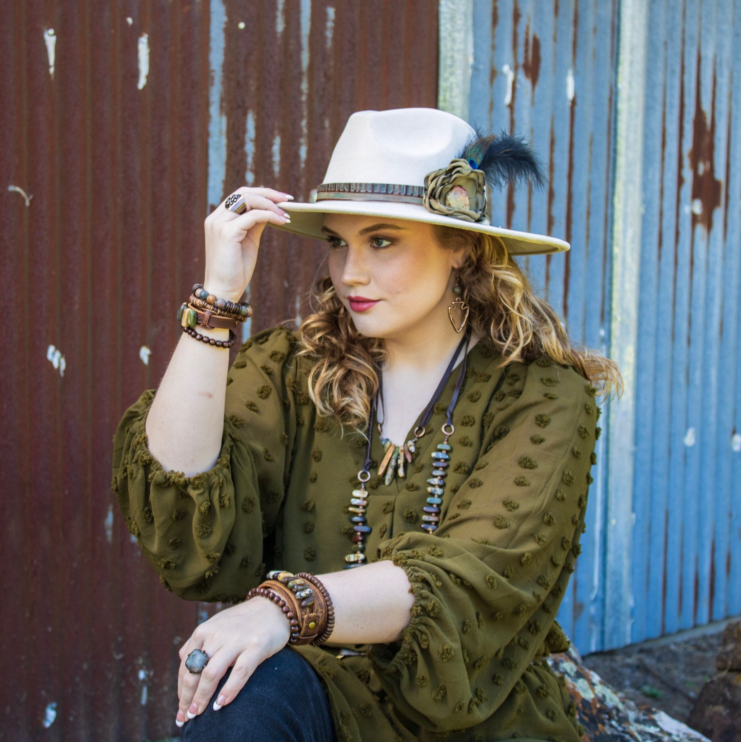 **Leather Hat Band w/ Silk Flower & Feathers-Olive (Band Only) 952z