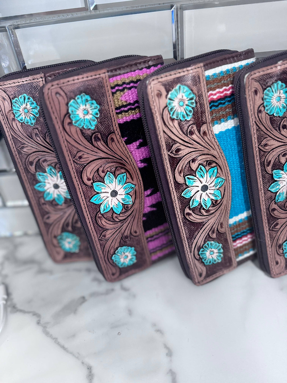 Saddle blanket tooled wallets: Blue