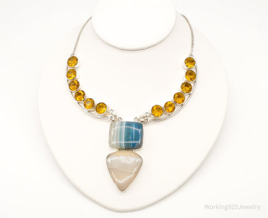 Large Lace Agate Citrine Sterling Silver Necklace