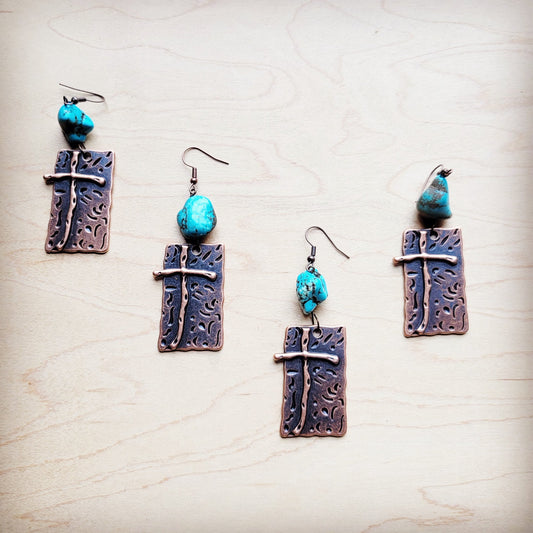 Copper Cross Earrings w/ Blue Turquoise Chunks 225e