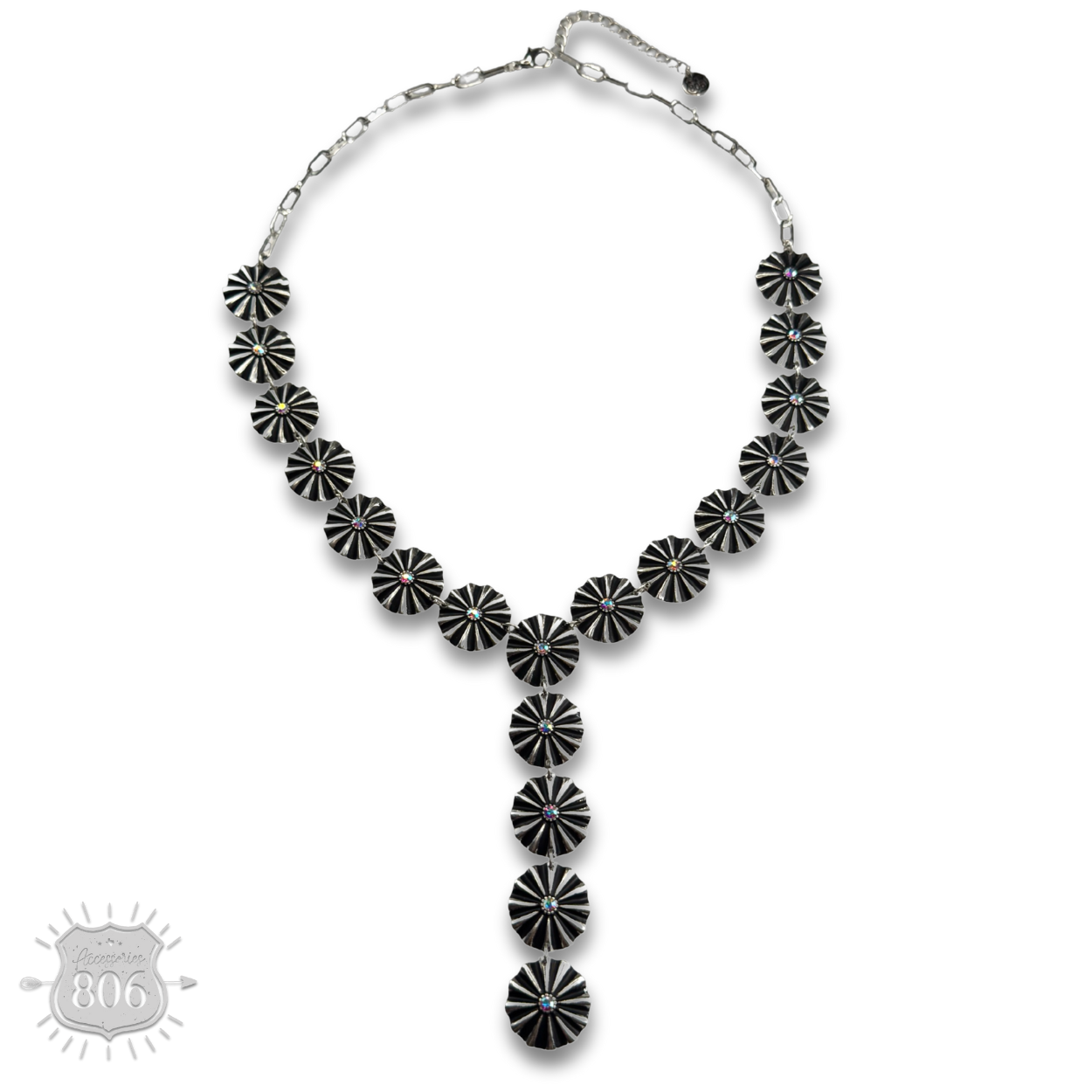 Starburst concho long Y necklace with iridescent rhinestones