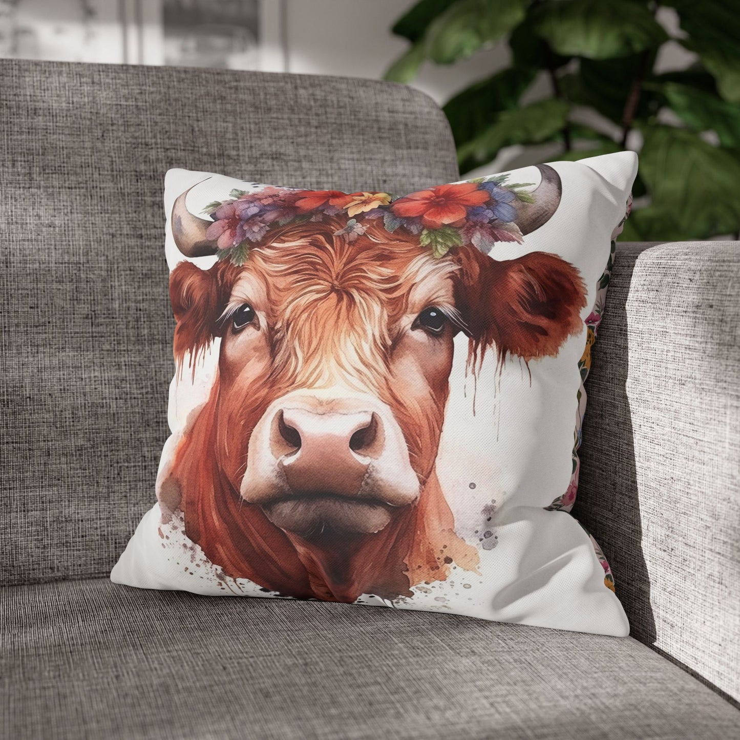 Floral Cow Pillowcase, Boho Farmhouse Decor, Country Living Accent, Cozy Home Gift, Rustic Animal Pillow Cover