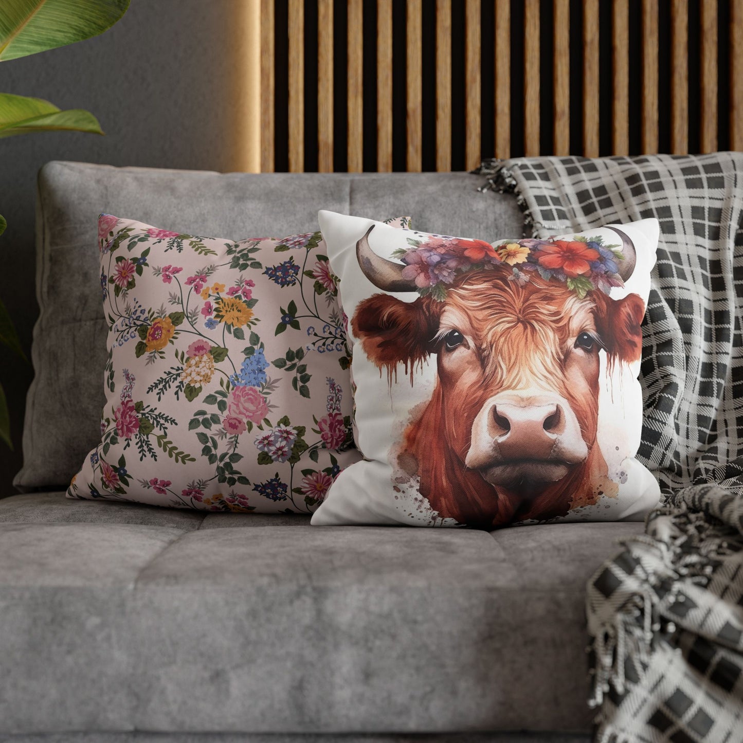 Floral Cow Pillowcase, Boho Farmhouse Decor, Country Living Accent, Cozy Home Gift, Rustic Animal Pillow Cover