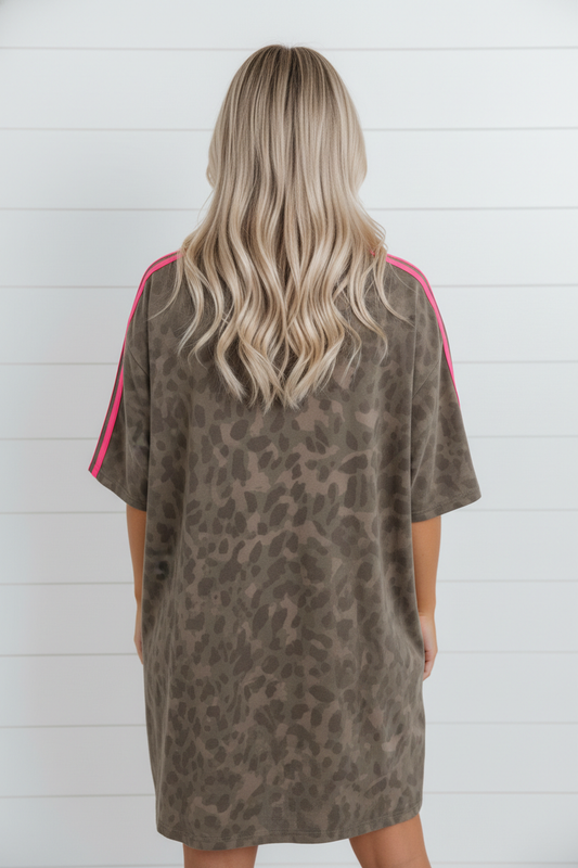Leopard Contrast Stripe T-Shirt Dress
