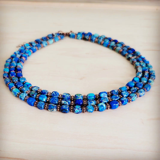 Triple Strand Layered Boho Denim Regalite Necklace 264k