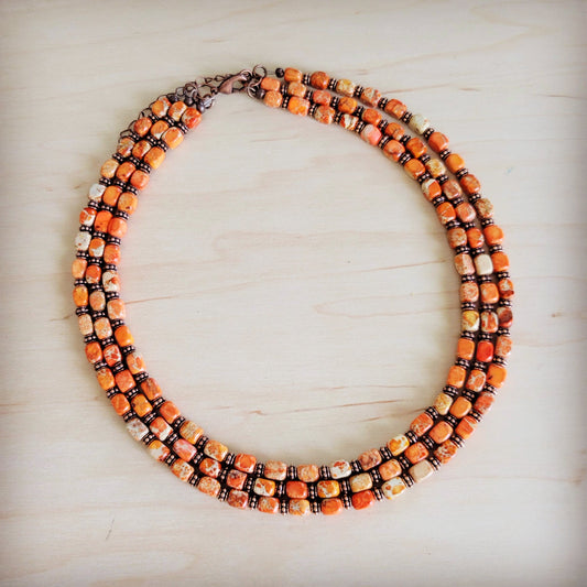 Triple Strand Layered Boho Orange Regalite Necklace 264n
