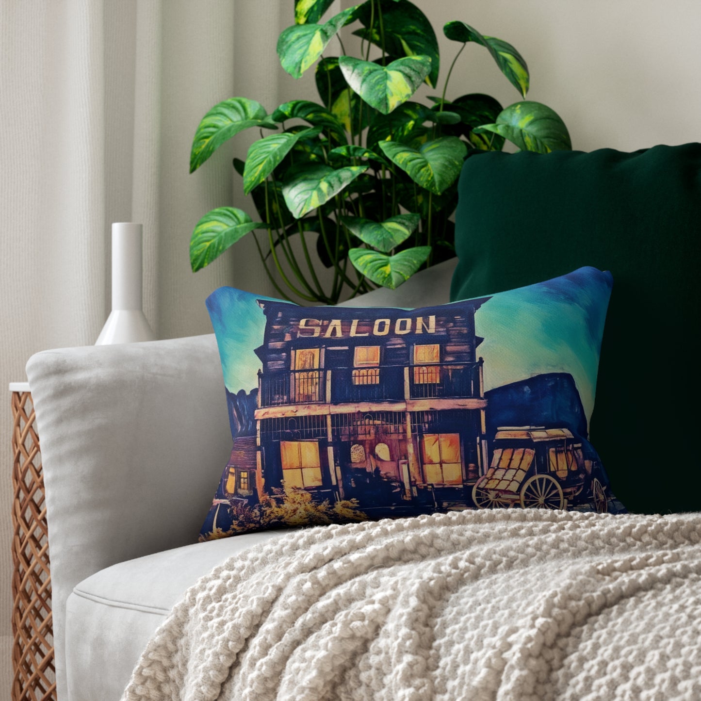 Western Saloon Lumbar Pillow — Rustic Wagon & Navajo Stripe Accent Pillow