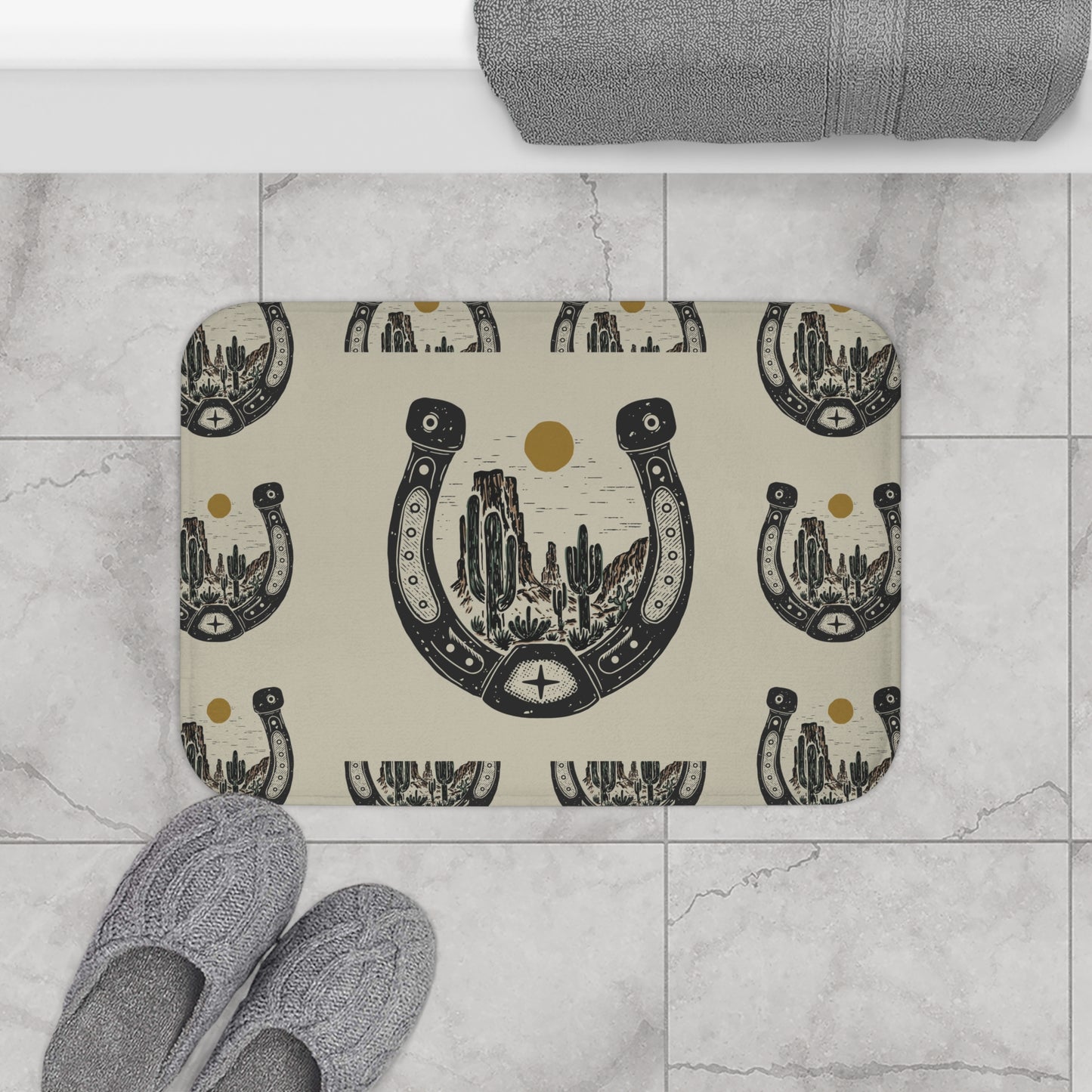 Southwest Horseshoe Bath Mat – Desert Cactus Western Welcome Rug