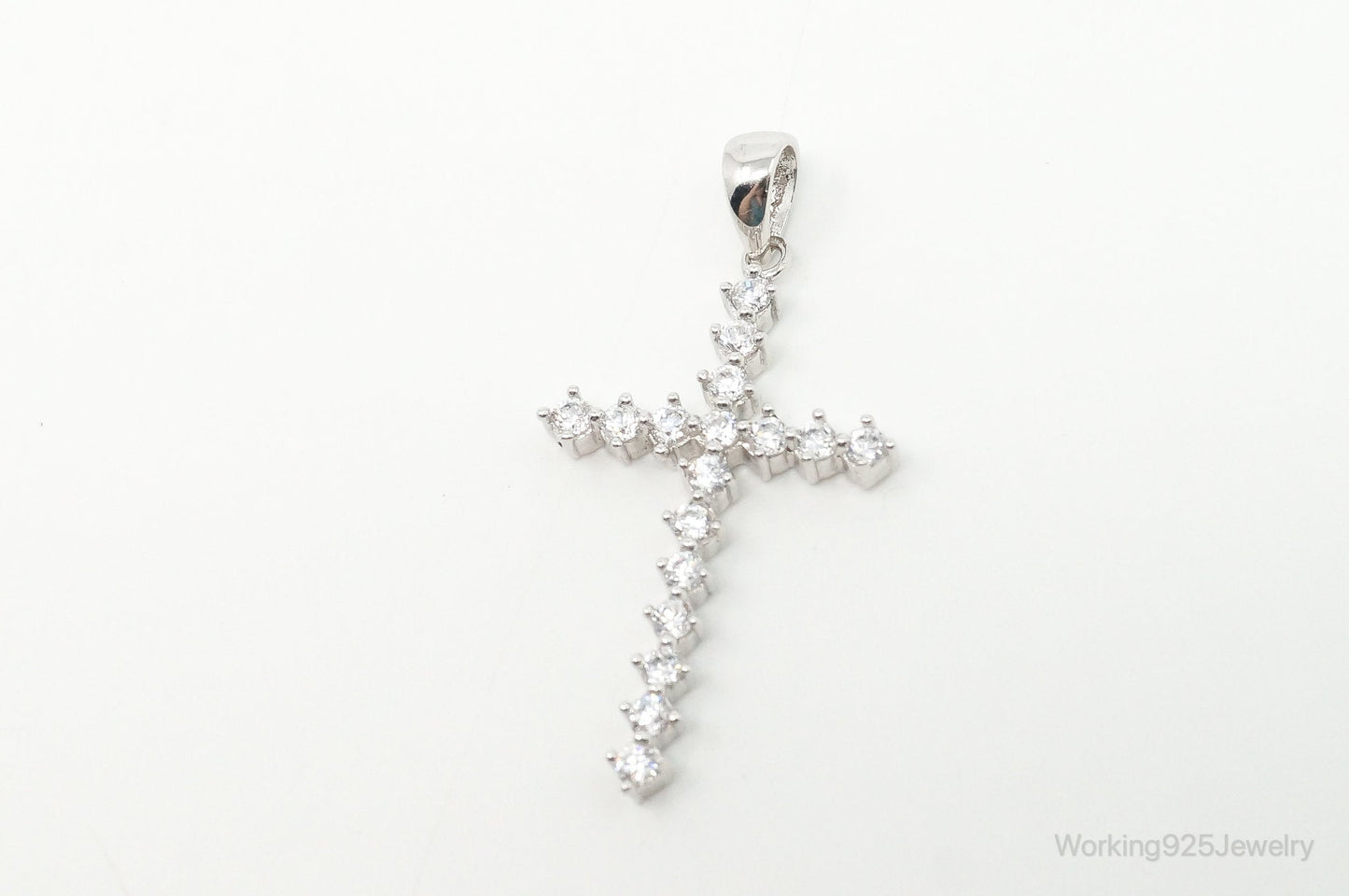 Large Vintage Cubic Zirconia Cross Sterling Silver Necklace Pendant