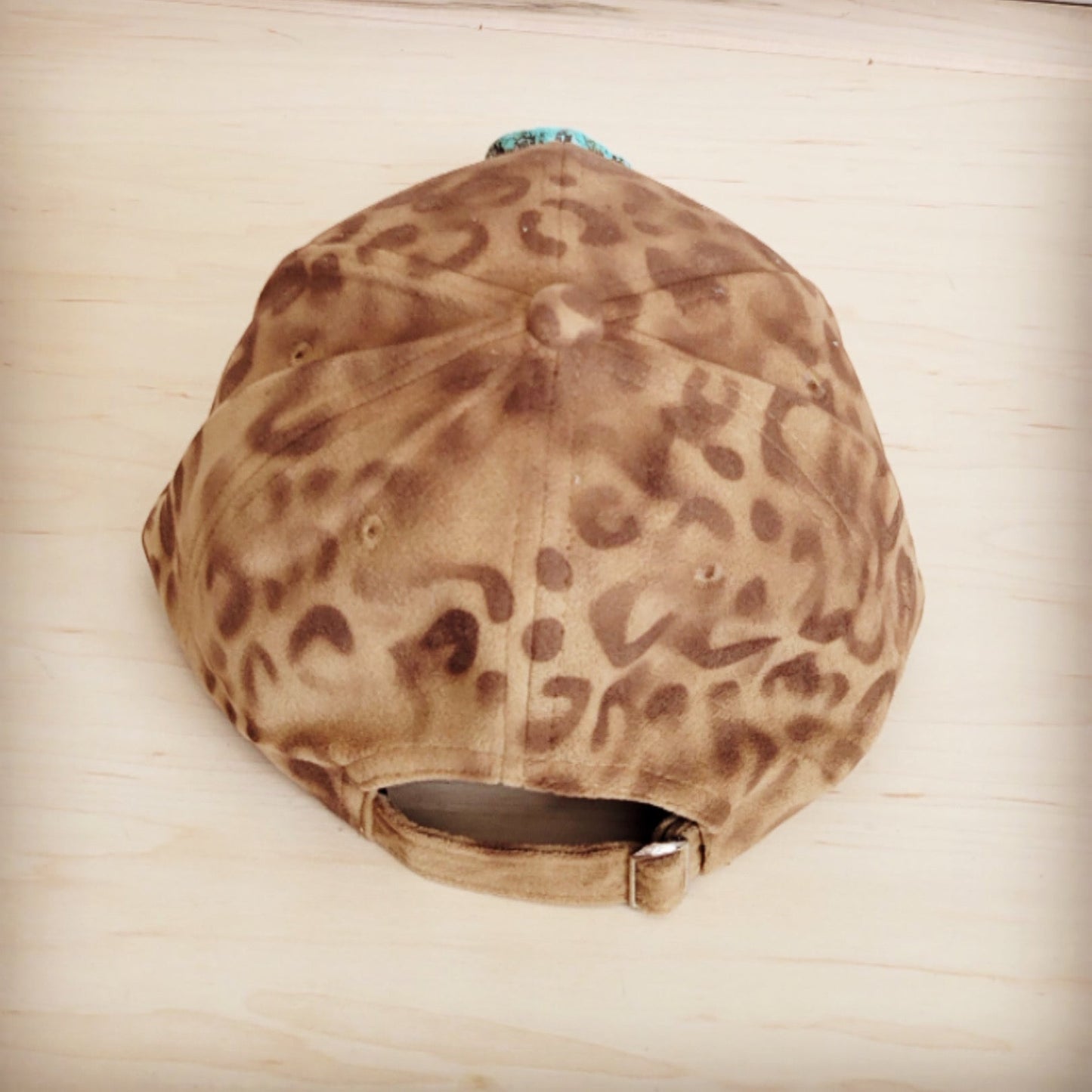 Hand-Painted Leopard Suede Baseball Cap Tan w/ Turq 986u