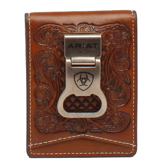 Ariat Embossesd Floral Basketweave - Men's Bi-Fold Money Clip Wallet