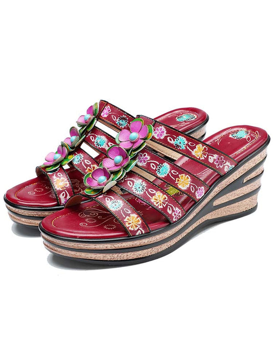 Triple Flowers Purle Wedge Slippers