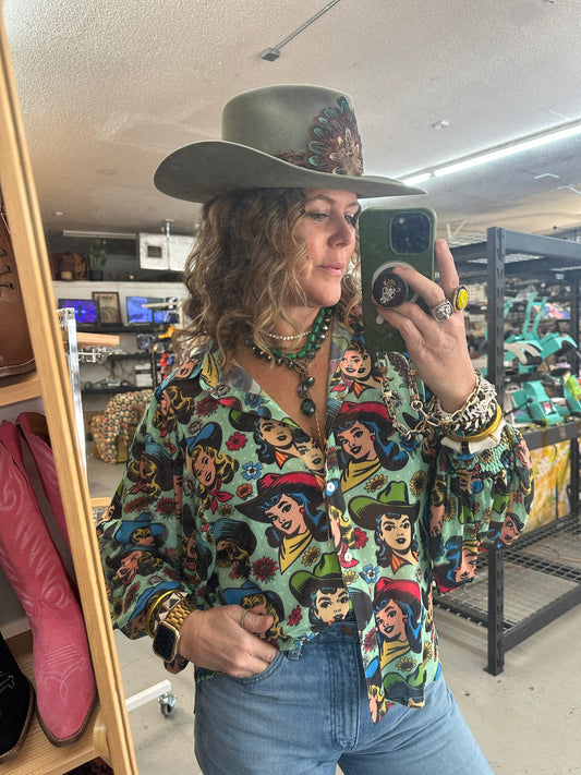 Texas Hold 'Em Retro Comic Cowgirl Button Up Mesh Blouse