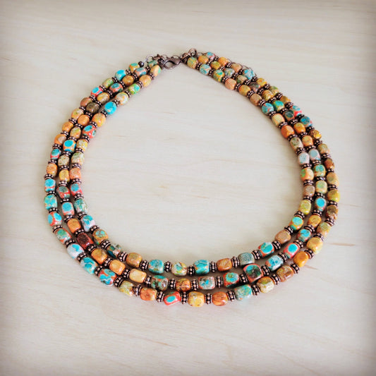 Triple Strand Layered Boho Sunrise Regalite Necklace 264o