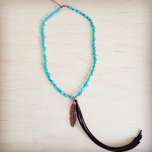Turquoise & Copper Necklace w/ Feather Tassel Pendant 264c