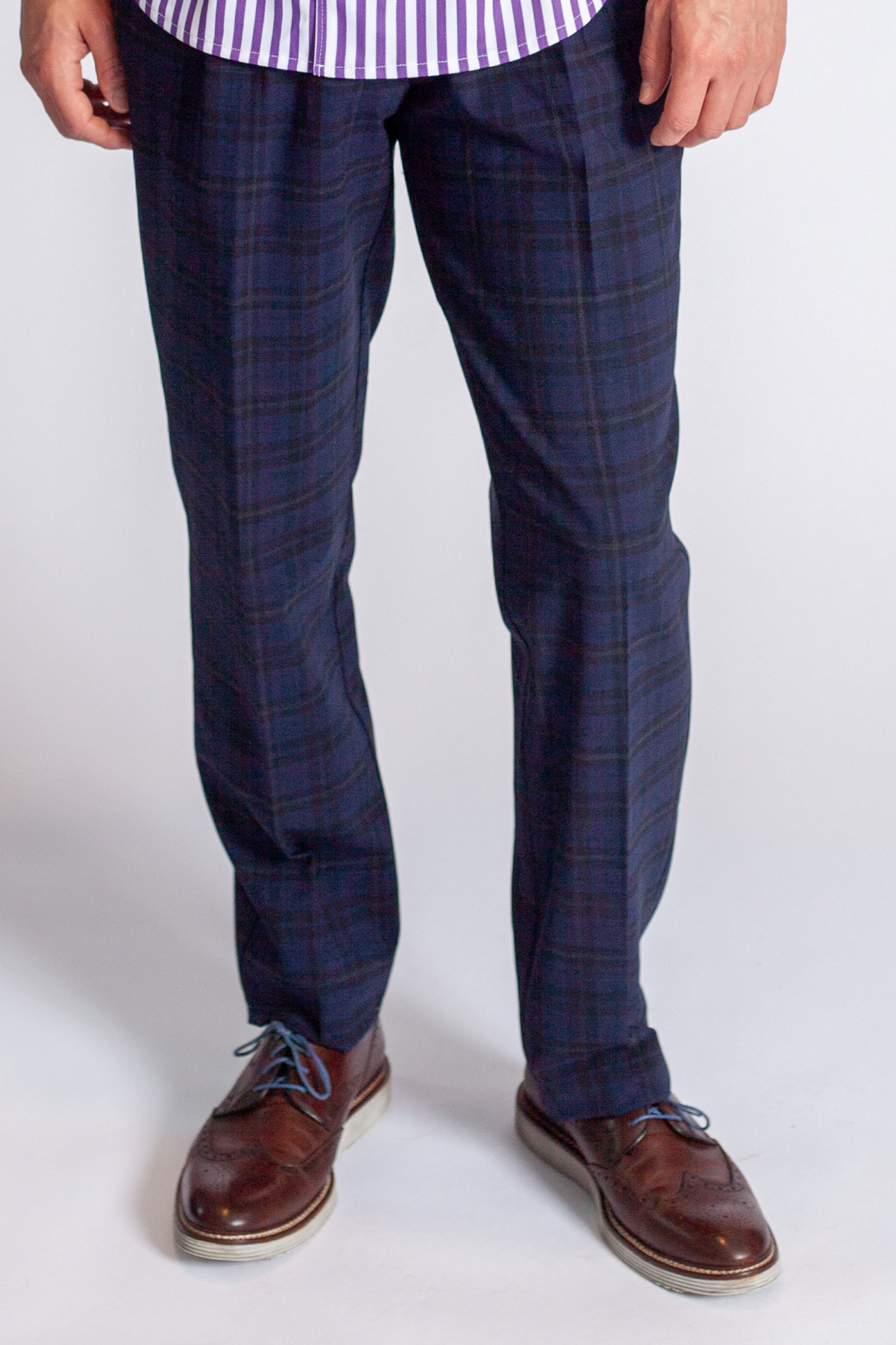 Men's Pleated Wool Trouser Pants - Navy Plaid