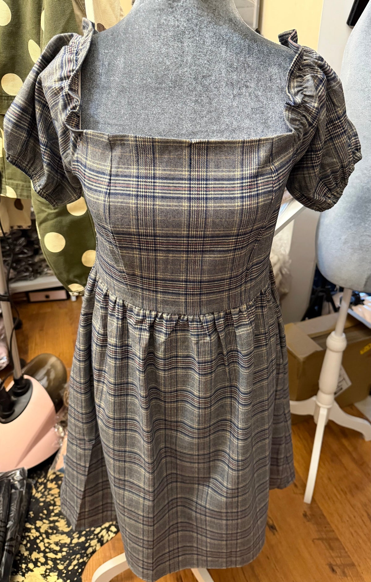 Western Plaid Puff Sleeve Cap Shoulder Dress