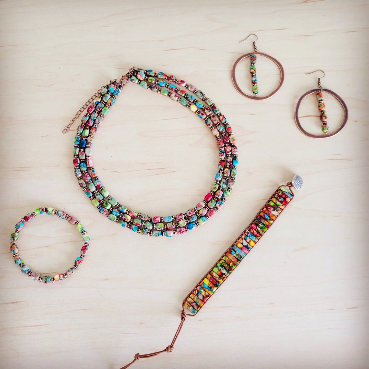 Genuine Regalite and Copper Stretch Beaded Bracelet Multi 812L