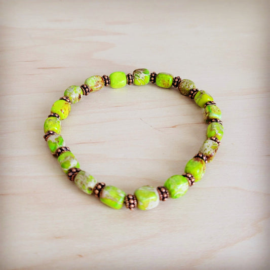 Genuine Regalite and Copper Stretch Beaded Bracelet Lime Green 812d