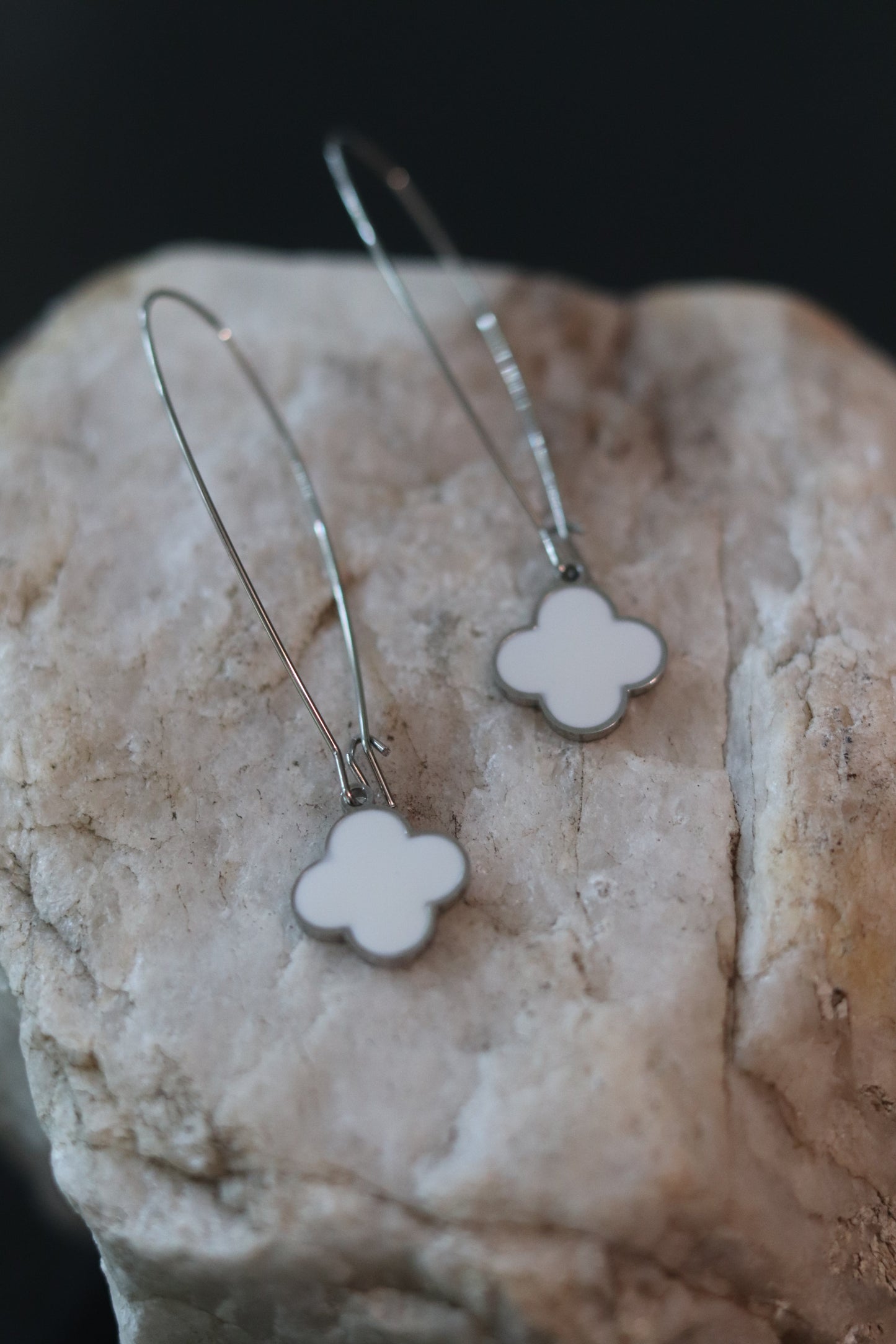Silver and White Clover Dangle Earrings