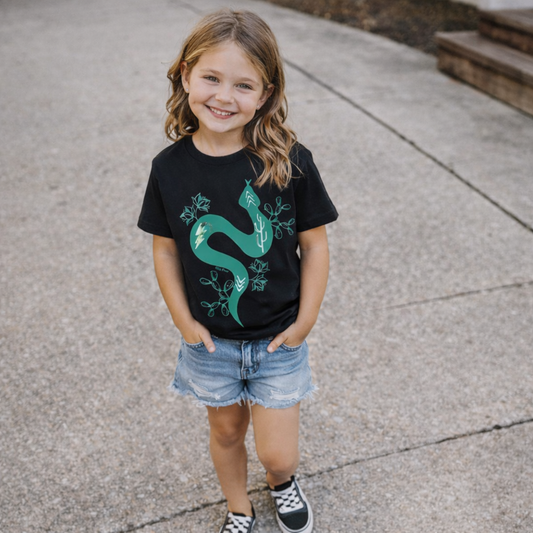 Turquoise Western Snake Graphic Shirt on Gildan Softstyle Black Shirt – Graphic Tee, Long Sleeve & Crewneck.