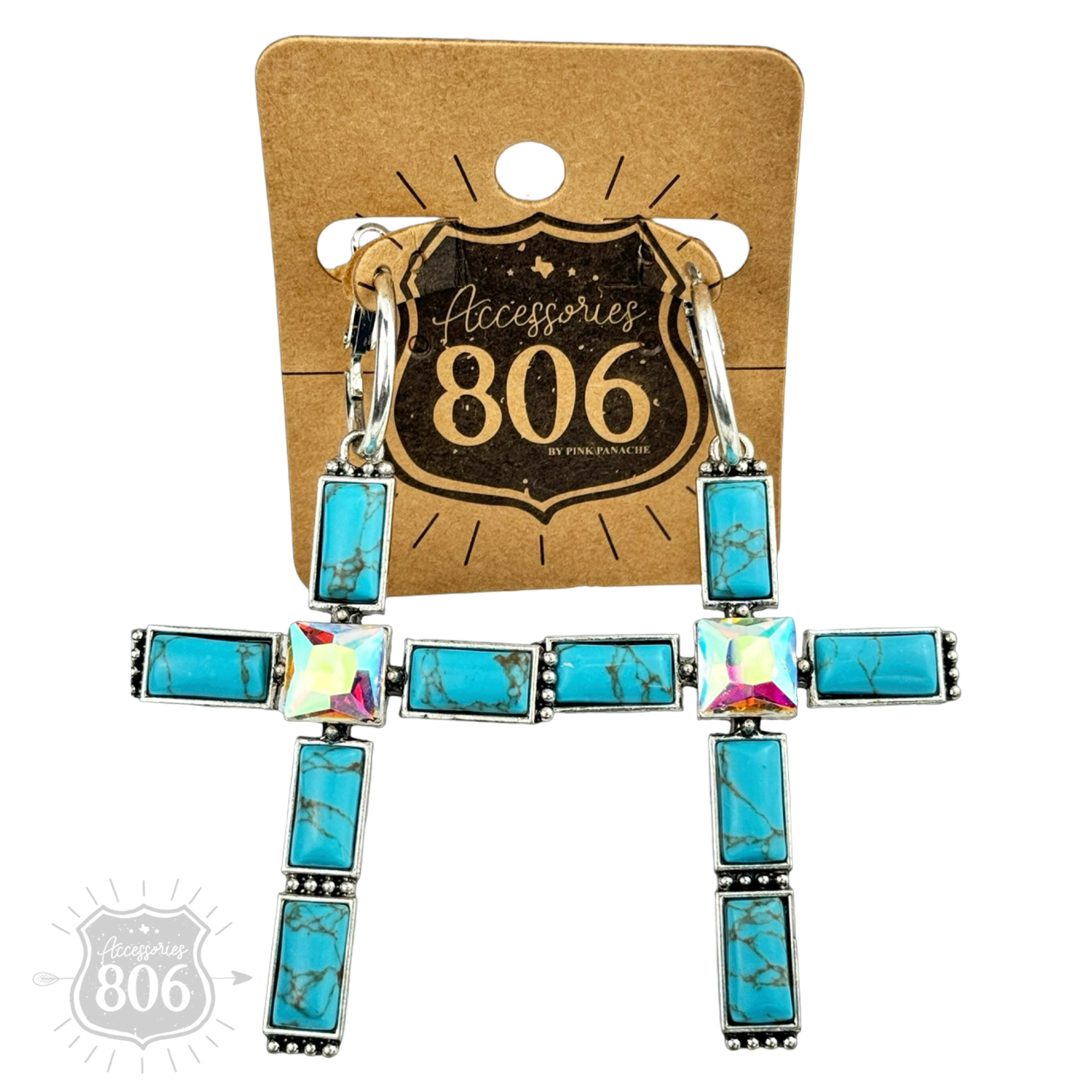 Turquoise and rhinestone cross earring