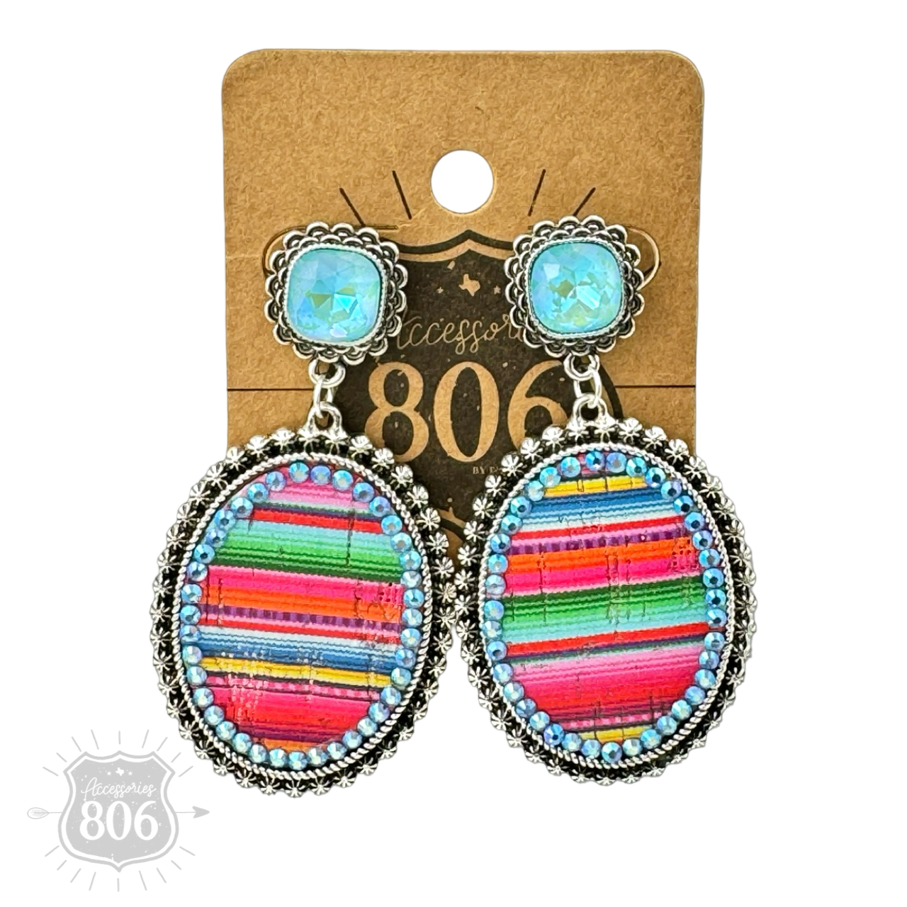 Serape filled oval rhinestone post dangle earring - LC