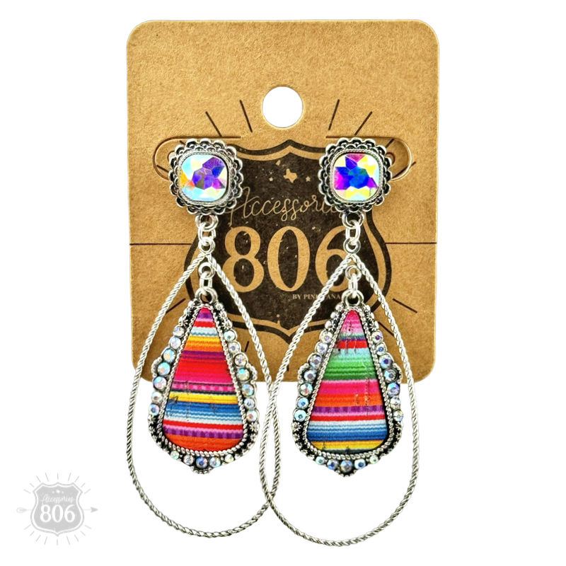 Western serape teardrop earring, square rhinestone post