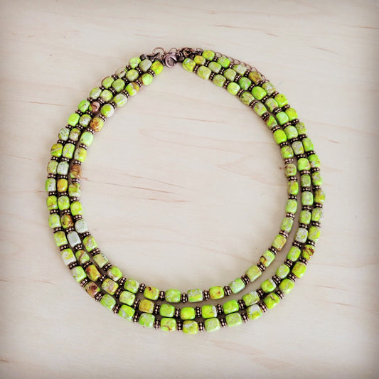 Triple Strand Layered Boho Lime Green Regalite Collar Necklace 264i