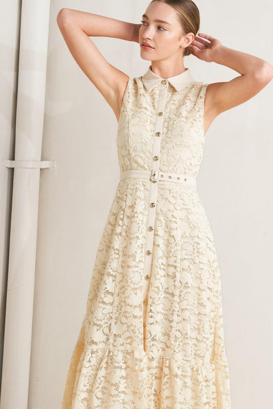 PURELY ROMANTIC WOVEN LACE MIDI DRESS