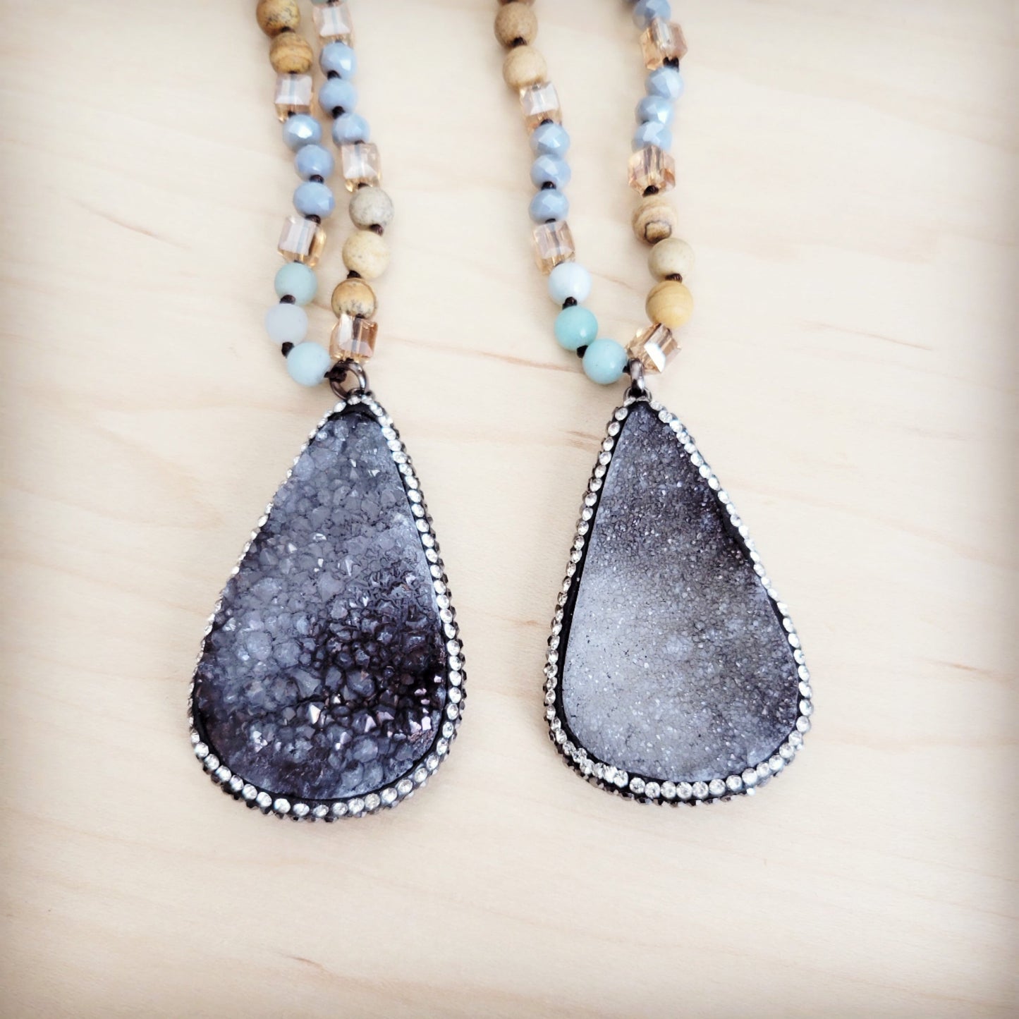 Amazonite & Crystal Long Beaded Necklace w/ Druzy Pendant 262u