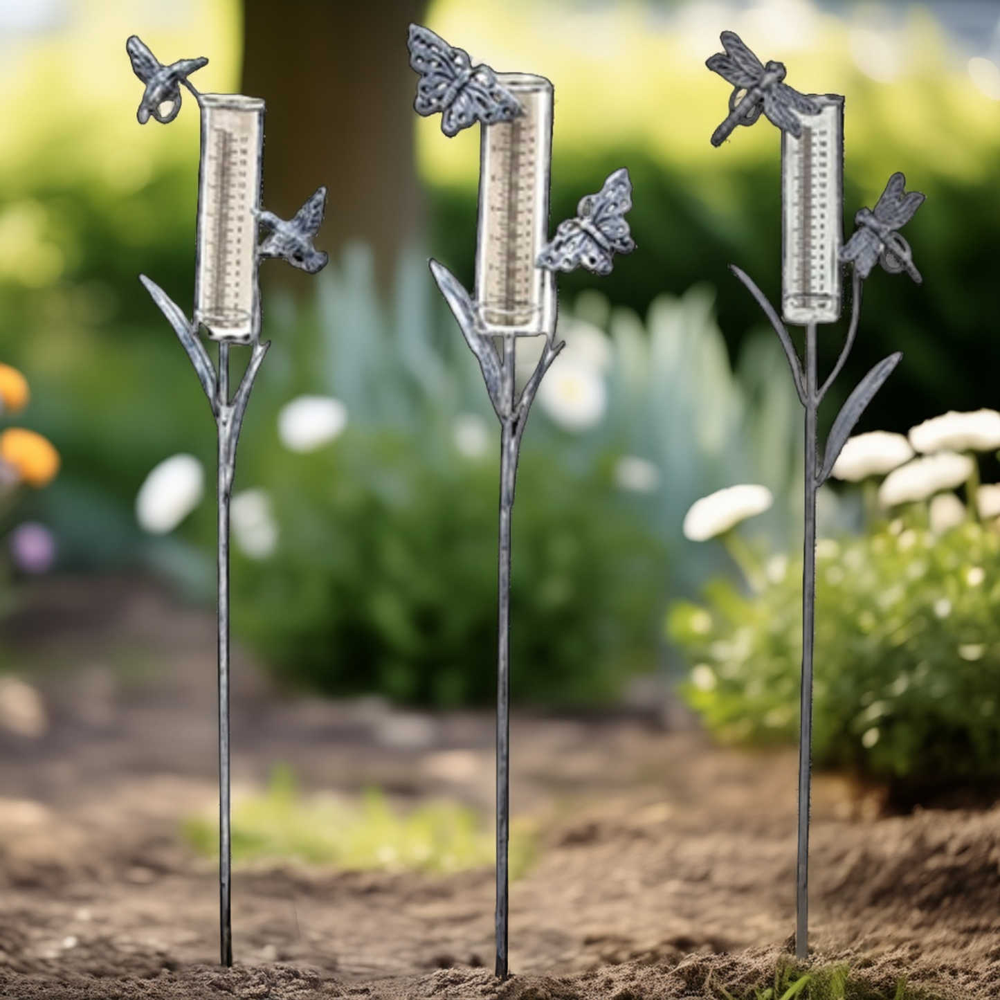 Assorted Distressed Metal Garden Springtime Rain Gauge Yard Stake 38" H