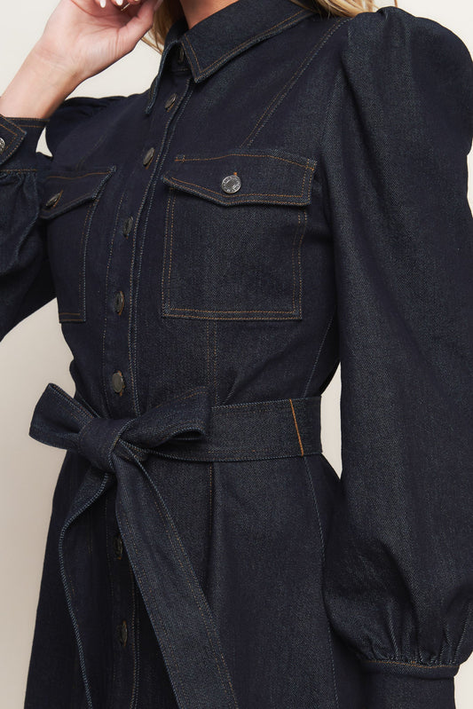 HOLIDAY DARK INDIGO DENIM MINI DRESS