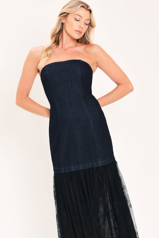 MIDNIGHT COLUMN MUSE DENIM TUBE DRESS