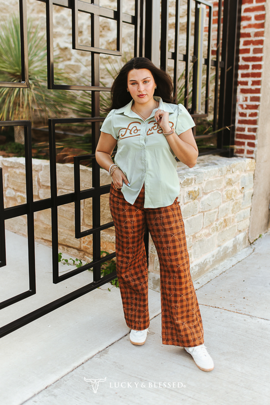 Lucky & Blessed PISTACHIO HOWDY ROPE EMBROIDERED SHORT SLEEVE WESTERN SHIRT PLUS SIZE