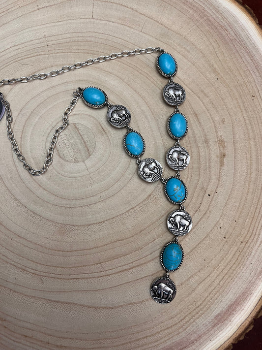 Silver Western Buffalo Coin Faux Lariat Necklace & Earring Set