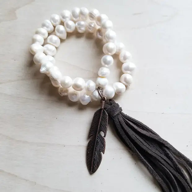 Double Strand Pearl Bracelet With Copper Feather