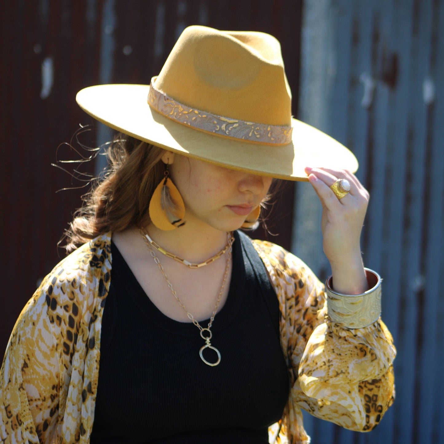 **Leather Teardrop Mustard Earrings w/ Feather Accents 220c