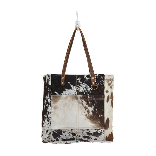 Myra Mesa Trail Patchwork Hairon Tote Bag for Women – Rustic Cowhide Design, Brown Leather Handles for Everyday Utility