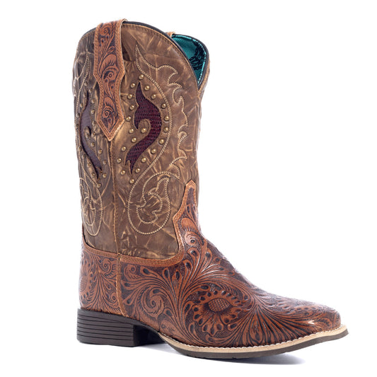 Myra Gianna Hand-Tooled Leather Boots for Women – Studded Mid-Calf Western Brunch Heels with Embroidered Floral Designs