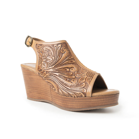 Myra Mila's Trail Embossed Leather Wedge Heels for Women – Tan Floral Design, Adjustable Buckle, Comfortable Western Platform