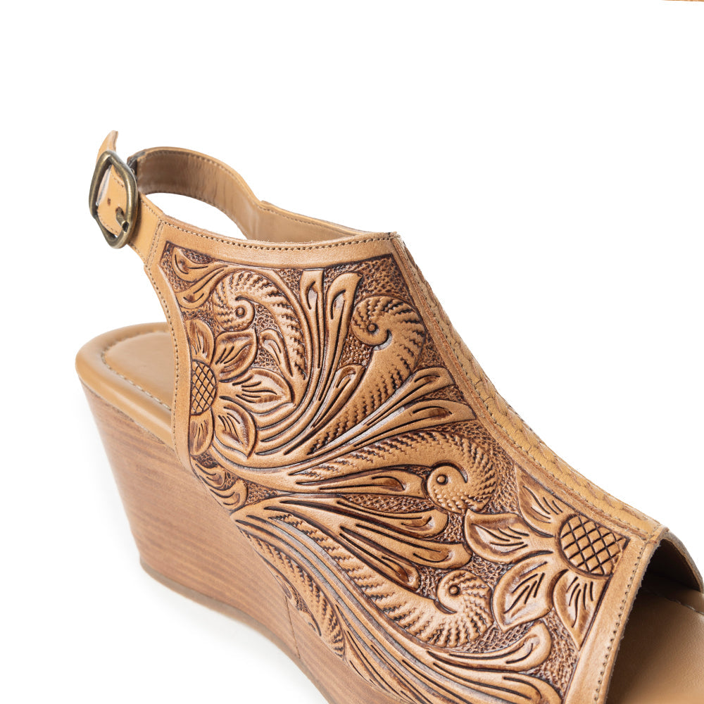 Myra Mila's Trail Embossed Leather Wedge Heels for Women – Tan Floral Design, Adjustable Buckle, Comfortable Western Platform