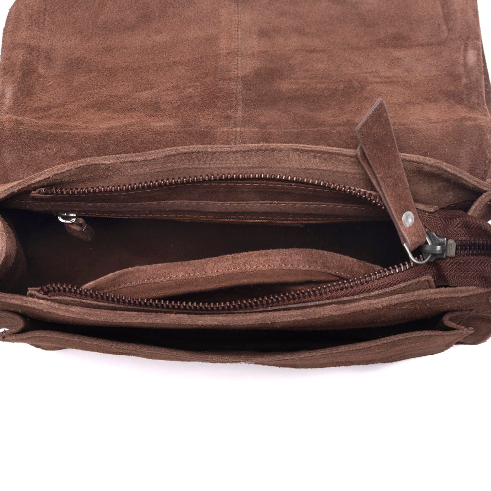Myra Amberwood Suede Leather Boot Embroidered Leather Bag in Chestnut Brown