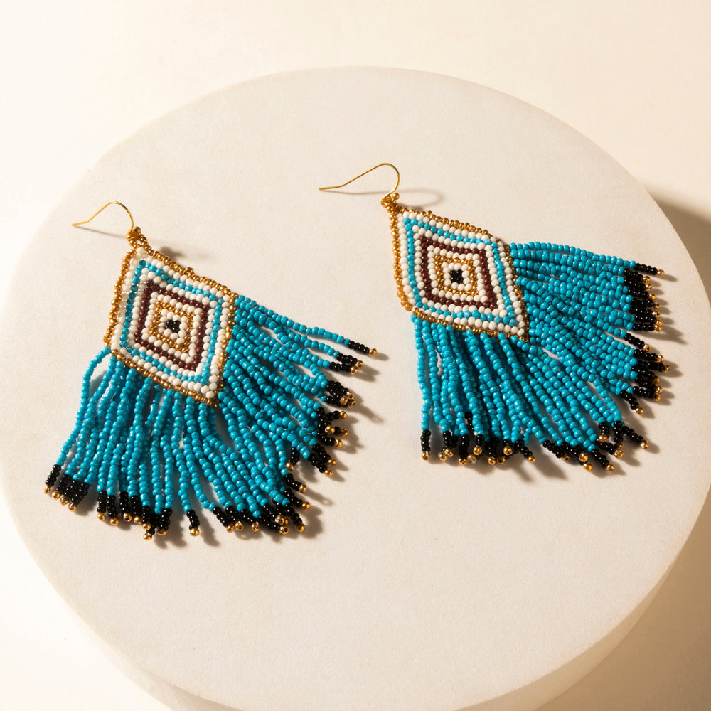 Myra Bluebonnet Range Beaded Fringe Earrings in Halo Blue