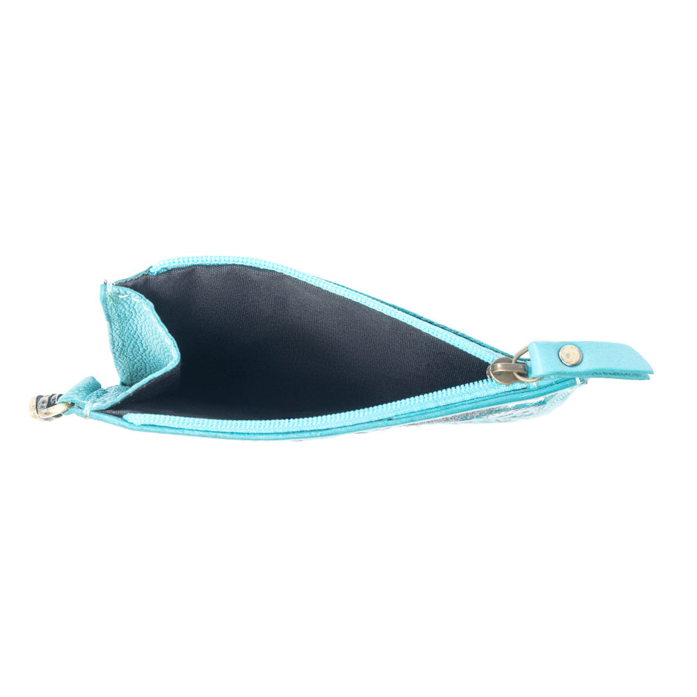 Myra Sage River Handtooled Hairon Leather Card Holder in Frontier Aqua