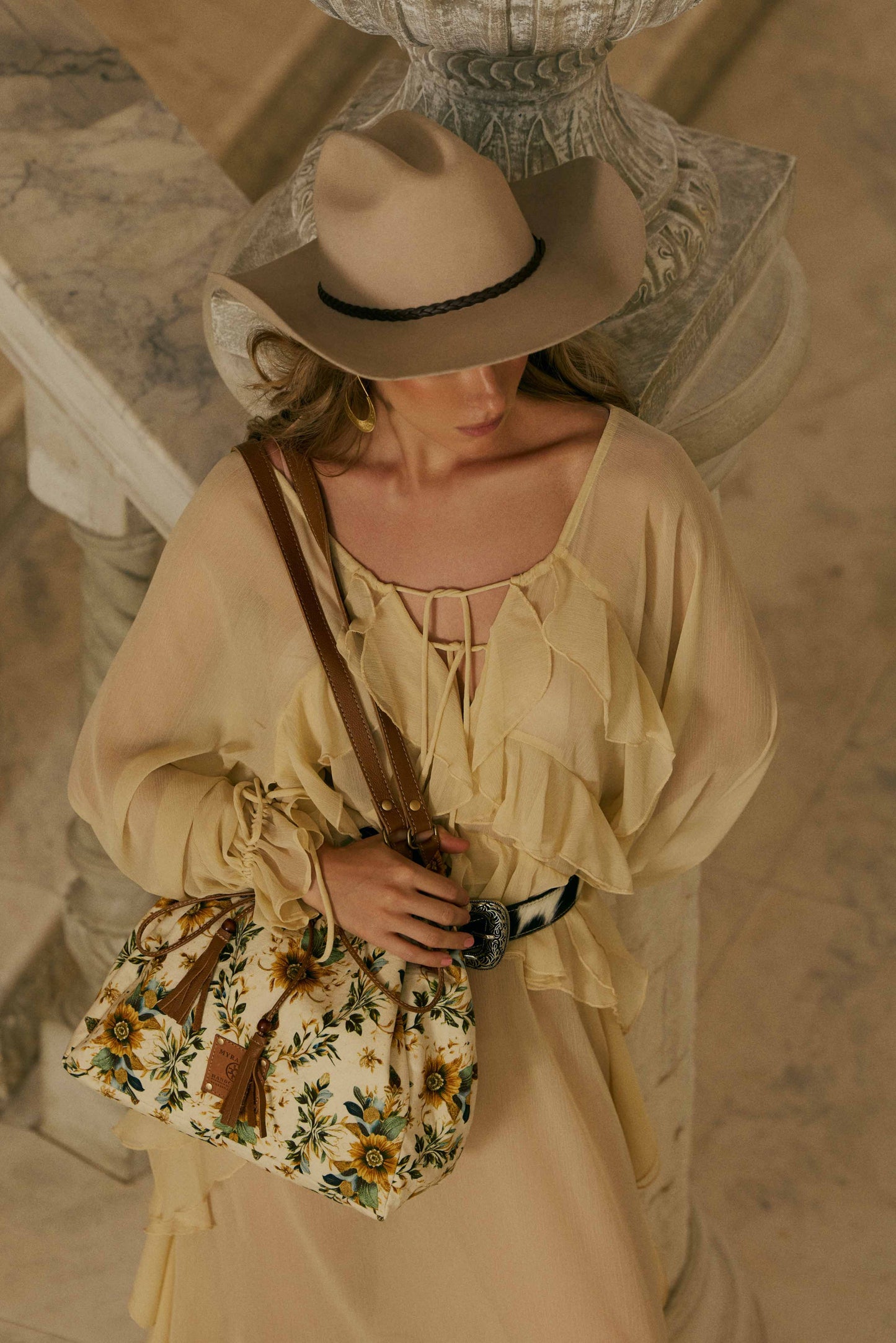 Myra Southern Bloom Cotton & Leather Bucket Bag in Chestnut Beige